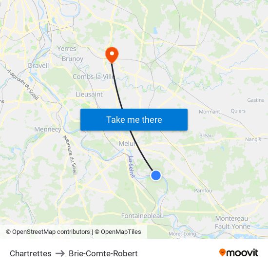Chartrettes to Brie-Comte-Robert map
