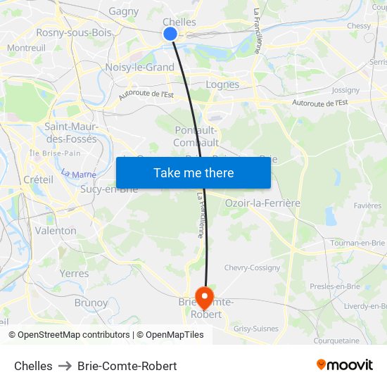Chelles to Brie-Comte-Robert map