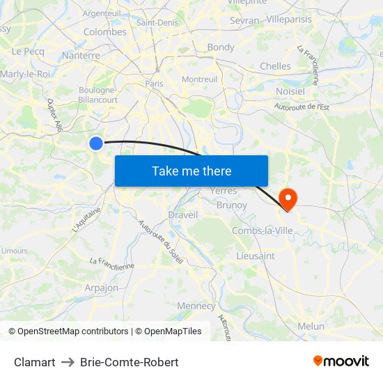 Clamart to Brie-Comte-Robert map