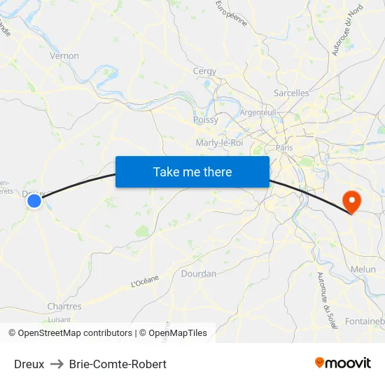 Dreux to Brie-Comte-Robert map