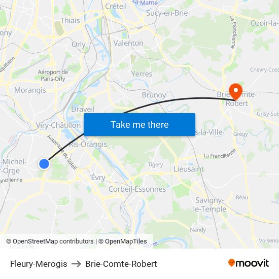 Fleury-Merogis to Brie-Comte-Robert map