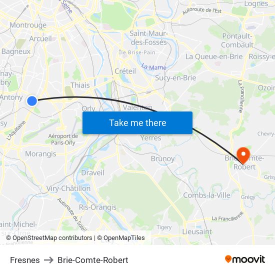 Fresnes to Brie-Comte-Robert map