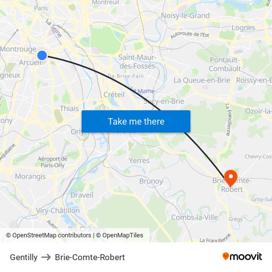 Gentilly to Brie-Comte-Robert map