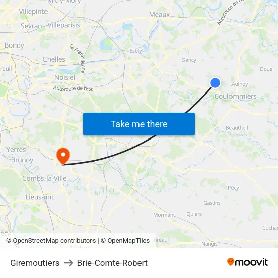 Giremoutiers to Brie-Comte-Robert map
