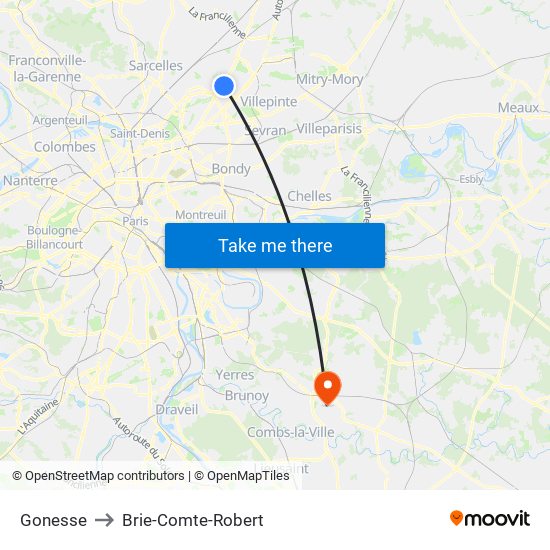 Gonesse to Brie-Comte-Robert map