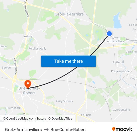 Gretz-Armainvilliers to Brie-Comte-Robert map