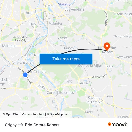 Grigny to Brie-Comte-Robert map