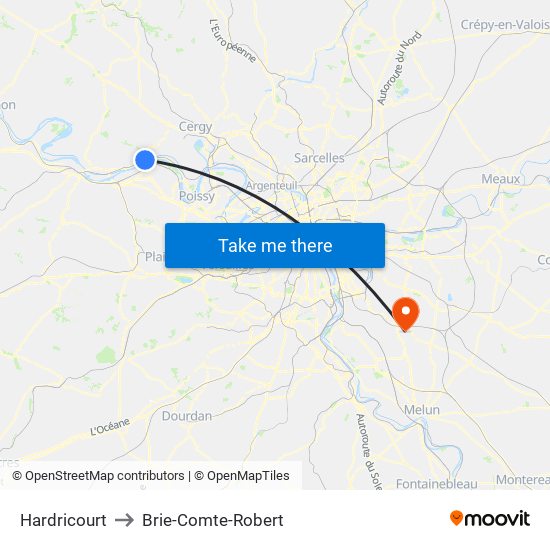 Hardricourt to Brie-Comte-Robert map