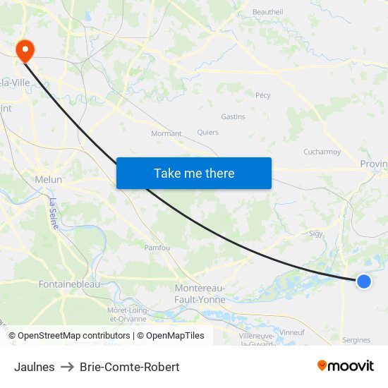 Jaulnes to Brie-Comte-Robert map
