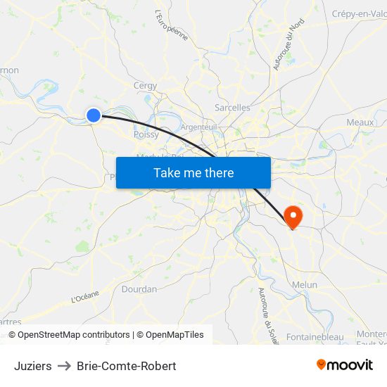 Juziers to Brie-Comte-Robert map