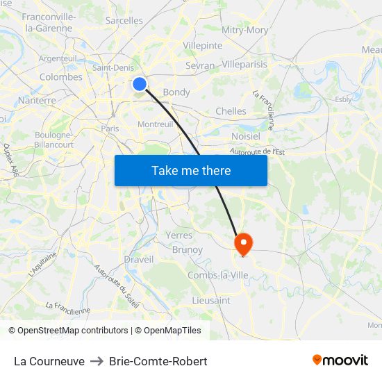 La Courneuve to Brie-Comte-Robert map