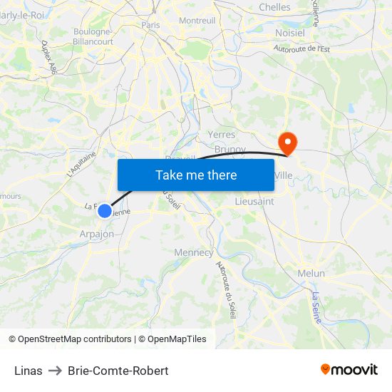 Linas to Brie-Comte-Robert map