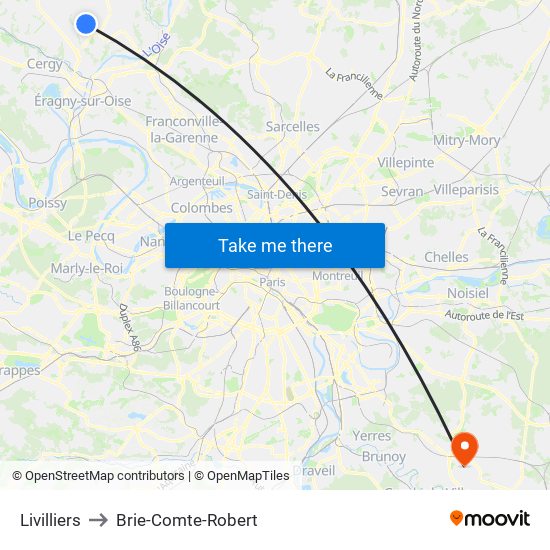 Livilliers to Brie-Comte-Robert map