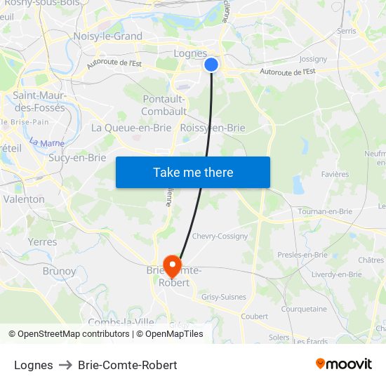 Lognes to Brie-Comte-Robert map