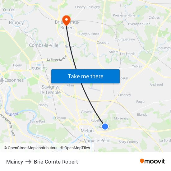 Maincy to Brie-Comte-Robert map