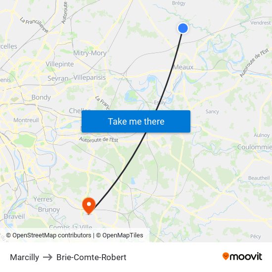 Marcilly to Brie-Comte-Robert map