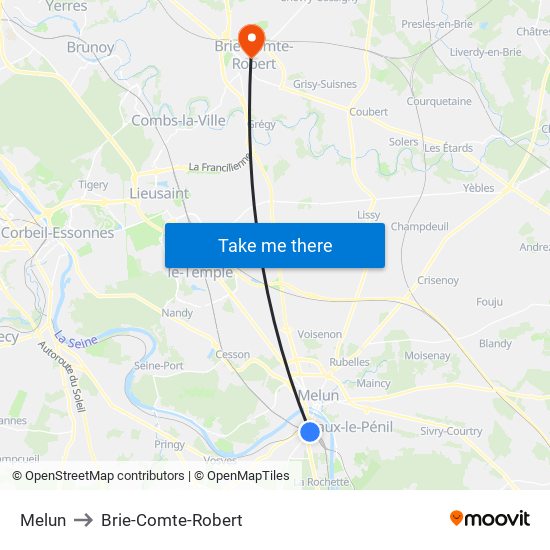 Melun to Brie-Comte-Robert map