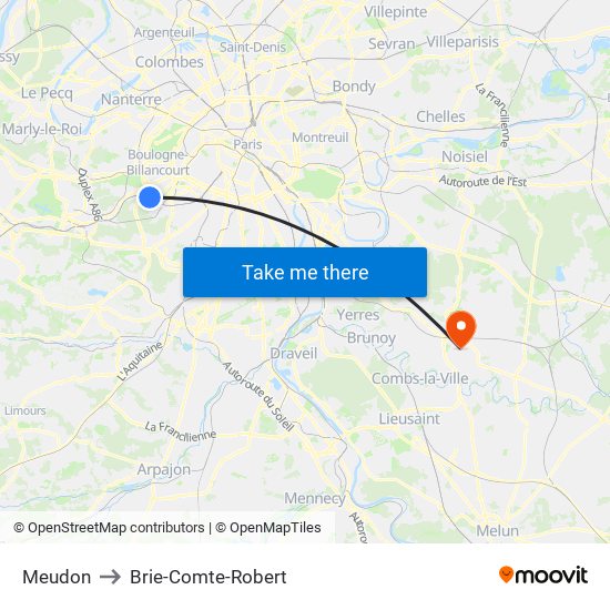 Meudon to Brie-Comte-Robert map