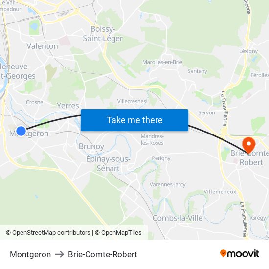 Montgeron to Brie-Comte-Robert map