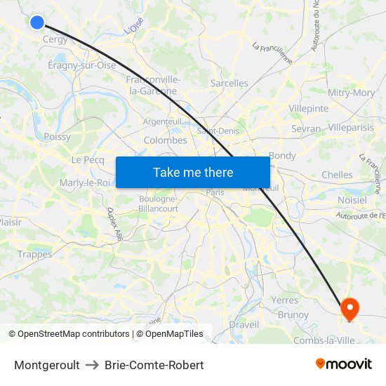 Montgeroult to Brie-Comte-Robert map