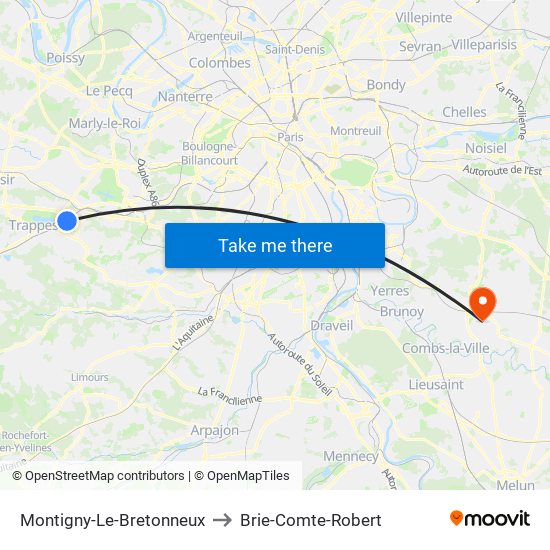 Montigny-Le-Bretonneux to Brie-Comte-Robert map