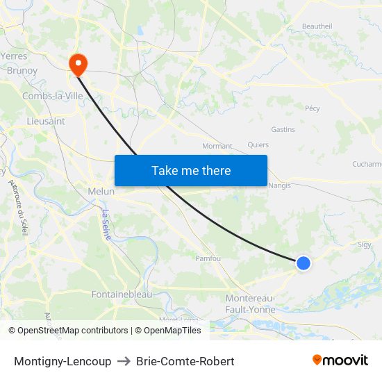 Montigny-Lencoup to Brie-Comte-Robert map