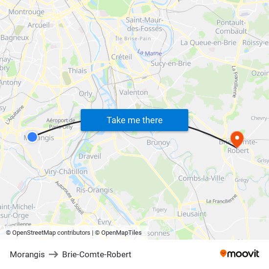 Morangis to Brie-Comte-Robert map