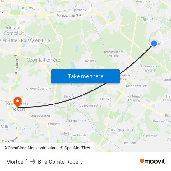 Mortcerf to Brie-Comte-Robert map