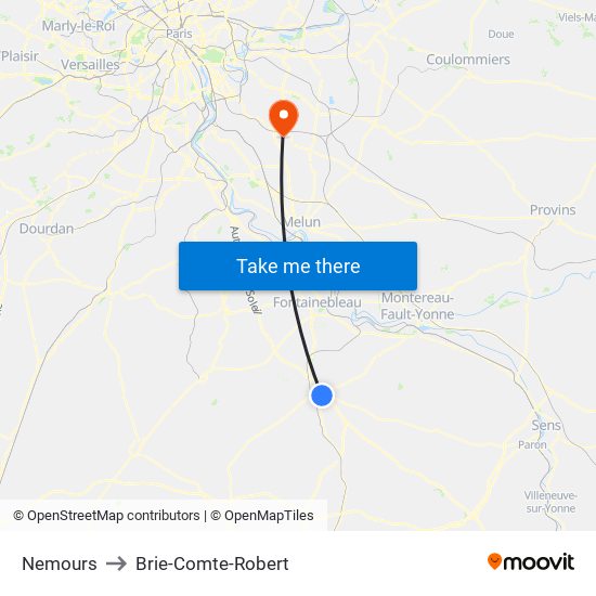 Nemours to Brie-Comte-Robert map