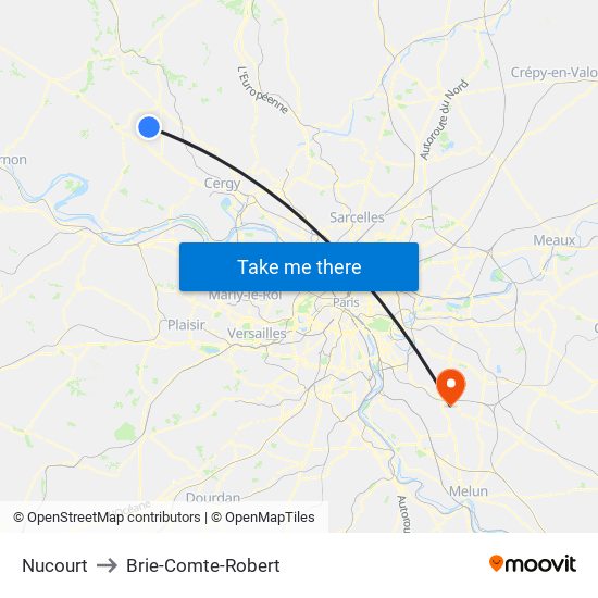 Nucourt to Brie-Comte-Robert map