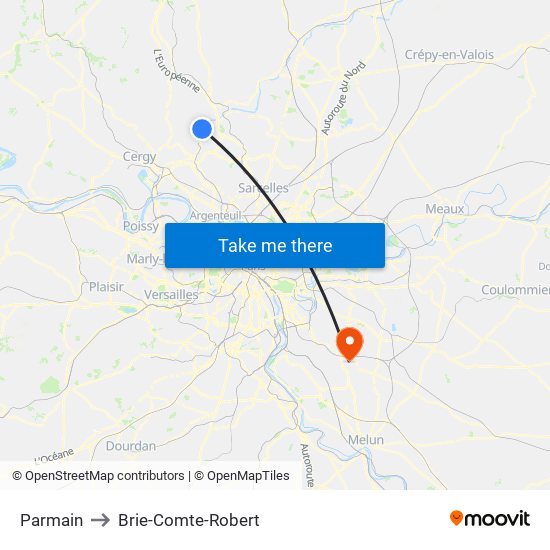 Parmain to Brie-Comte-Robert map