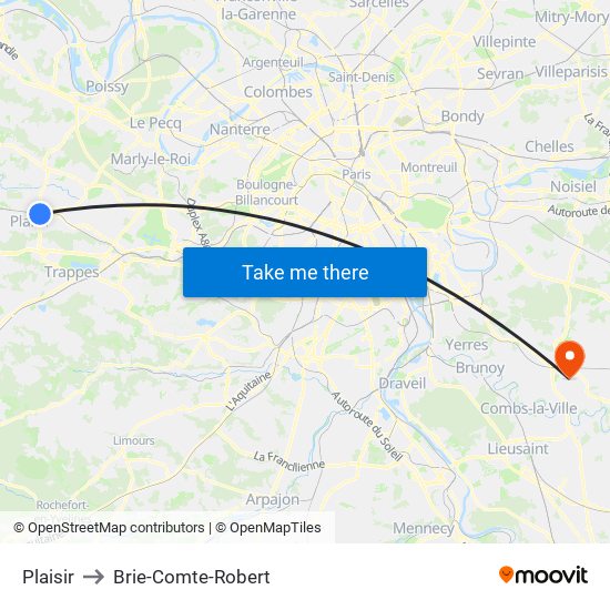 Plaisir to Brie-Comte-Robert map