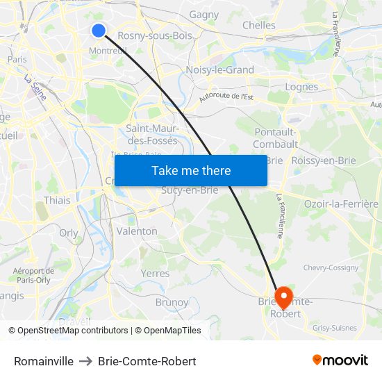 Romainville to Brie-Comte-Robert map