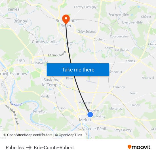 Rubelles to Brie-Comte-Robert map