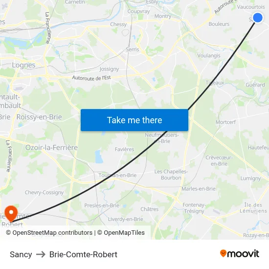 Sancy to Brie-Comte-Robert map