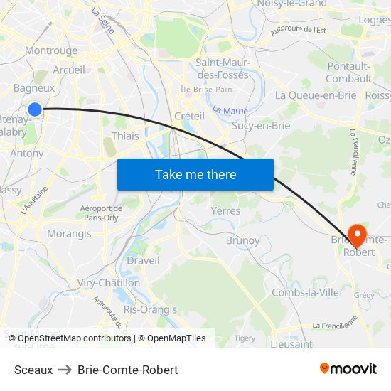 Sceaux to Brie-Comte-Robert map