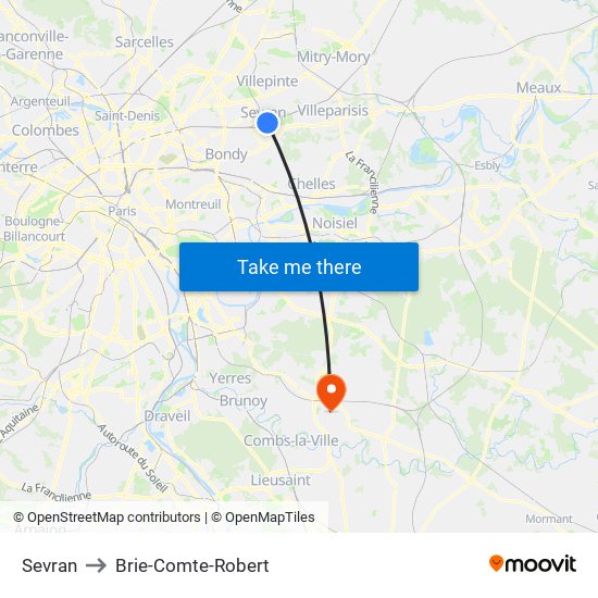 Sevran to Brie-Comte-Robert map