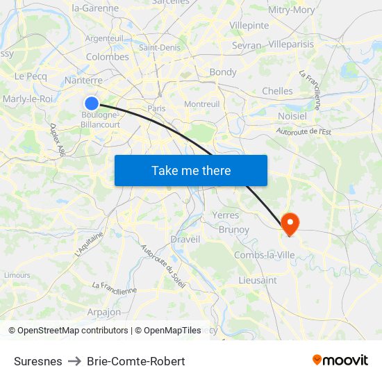 Suresnes to Brie-Comte-Robert map