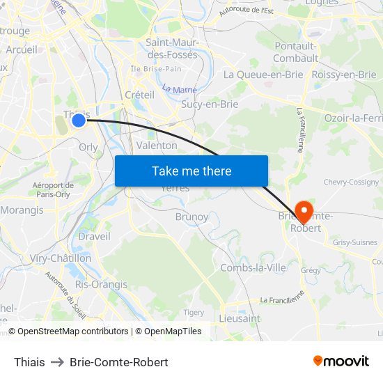 Thiais to Brie-Comte-Robert map