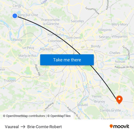 Vaureal to Brie-Comte-Robert map