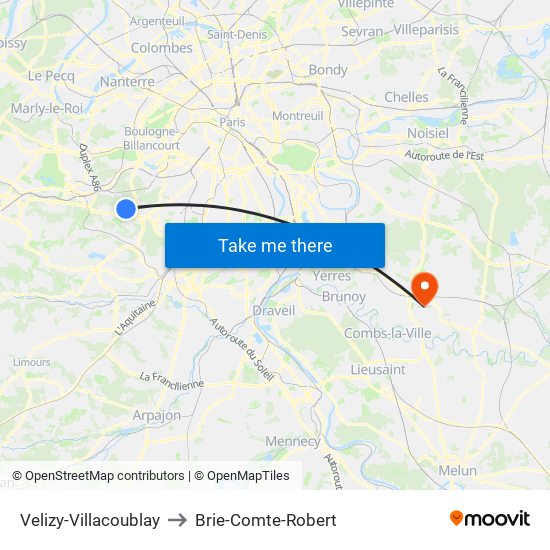 Velizy-Villacoublay to Brie-Comte-Robert map