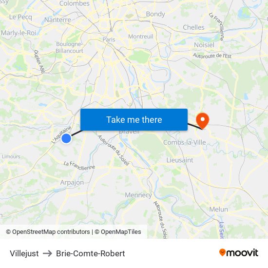 Villejust to Brie-Comte-Robert map