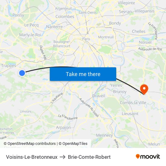 Voisins-Le-Bretonneux to Brie-Comte-Robert map