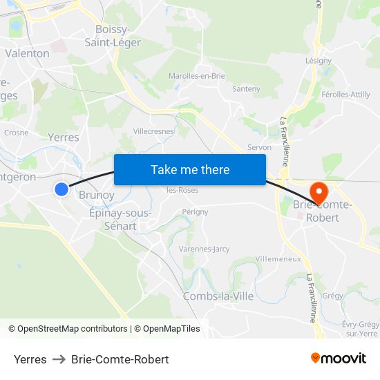 Yerres to Brie-Comte-Robert map