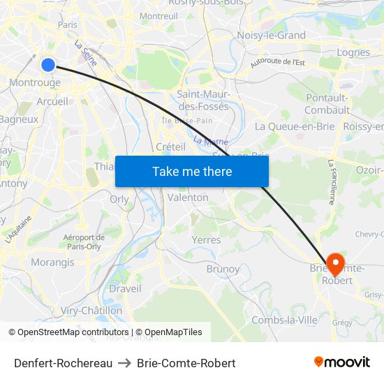 Denfert-Rochereau to Brie-Comte-Robert map