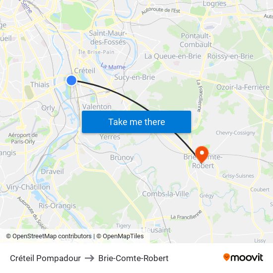 Créteil Pompadour to Brie-Comte-Robert map