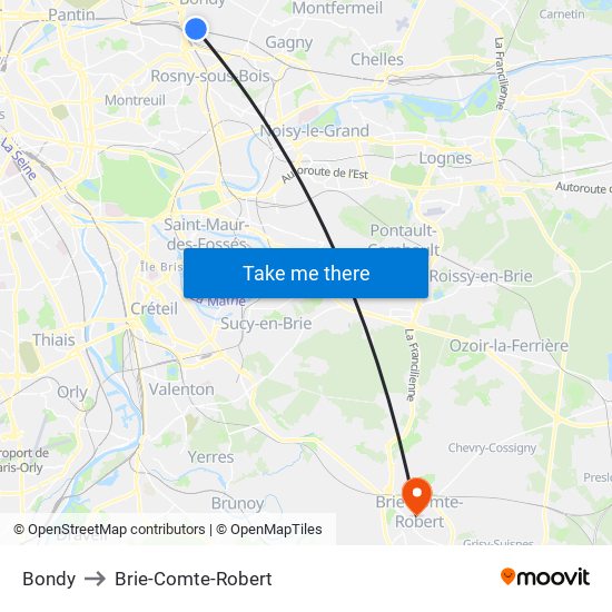 Bondy to Brie-Comte-Robert map