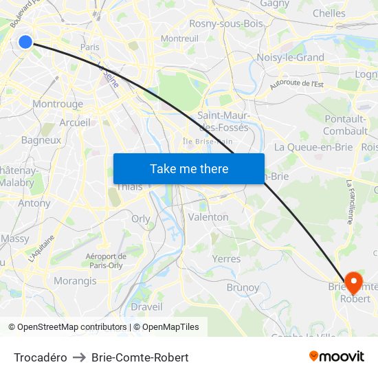 Trocadéro to Brie-Comte-Robert map