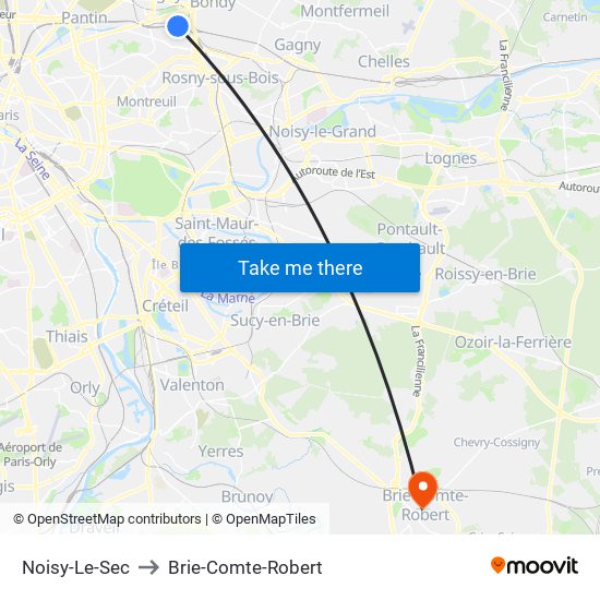 Noisy-Le-Sec to Brie-Comte-Robert map