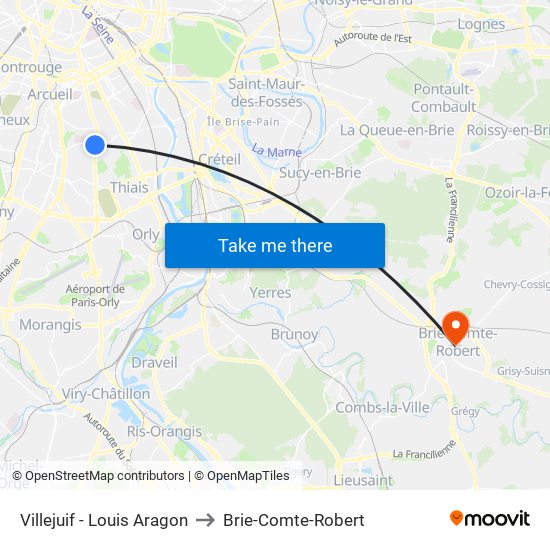 Villejuif - Louis Aragon to Brie-Comte-Robert map